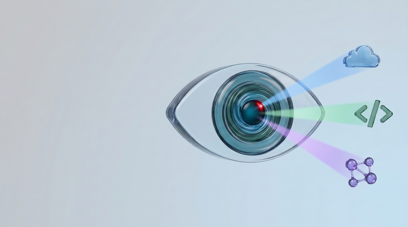 A glass eye sending three beams of light to a glass cloud, a code symbol and a network of connected spheres.
